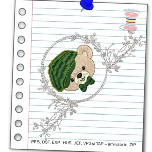 Design broderie digitală ursuleț cu pălărie verde – model pentru copii